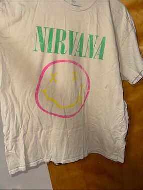 NIRVANA Cream Tee with Pink Smiley and Yellow Face Accent